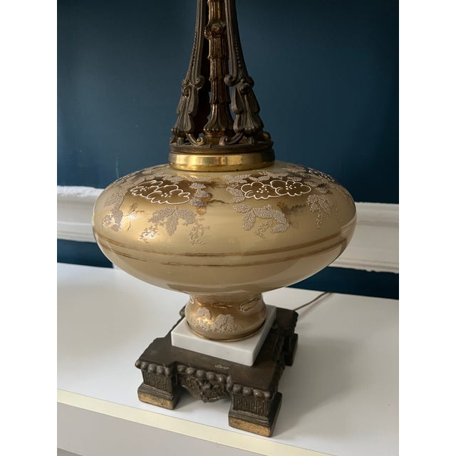 Bronze Monumental Hollywood Regency Marble, Hand-Painted Glass & Bronze Table Lamps — 40.75” - a Pair For Sale - Image 8 of 18