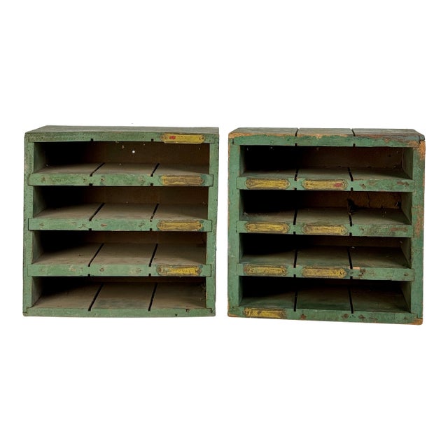 Vintage Pair of Salvaged Workshop Slotted Wood Shelving Units in Green Paint & Brass Labels For Sale