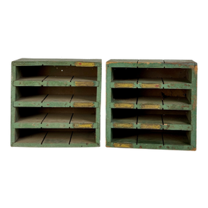 Vintage Pair of Salvaged Workshop Slotted Wood Shelving Units in Green Paint & Brass Labels