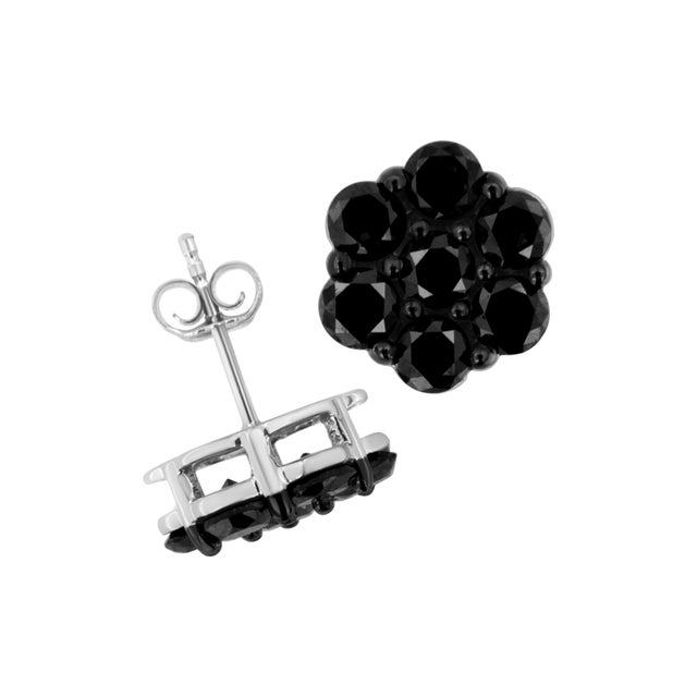 .925 Sterling Silver 2.0 Cttw Prong Set Round-Cut Treated Black Diamond Floral Cluster Stud Earrings, A Pair For Sale - Image 4 of 6