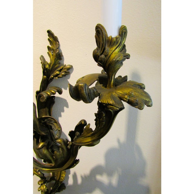 Bronze Antique Pair French 19th Century Louis XV Gilt Bronze Two Light Wall Sconces For Sale - Image 8 of 18