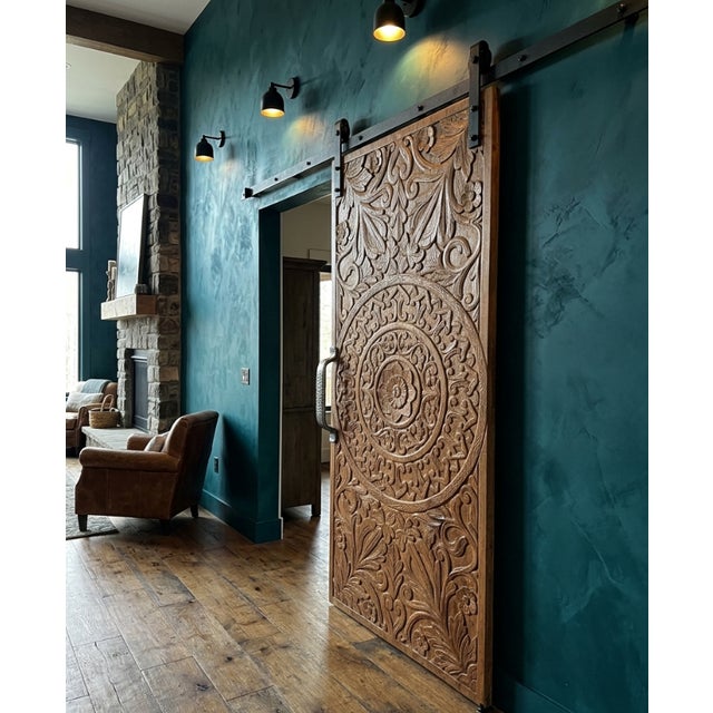 Brown Vintage Lotus Mandala Carved Barn Door – Reclaimed Wood Boho Wall Panel 80x36 For Sale - Image 8 of 8