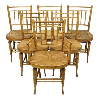 Antique English Regency Faux Bamboo Rush Seat Wooden Dining Chairs - Set of 6 For Sale