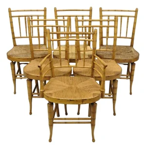 Antique English Regency Faux Bamboo Rush Seat Wooden Dining Chairs - Set of 6
