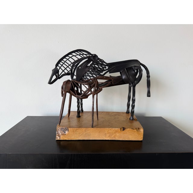Vintage Brutalist Abstract Mare & Foal Metal Sculpture on Burl Wood Base For Sale - Image 4 of 16