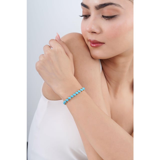 Handcrafted 18k Gold 16.14ct Pear Turquoise Tennis Bracelet 7 Inches by VRJewels For Sale - Image 10 of 16