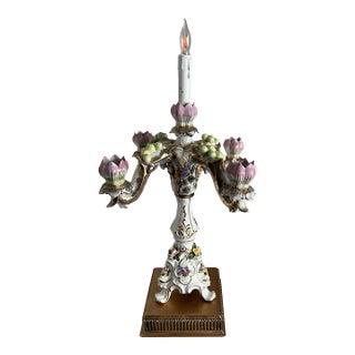 MId-Century Dresden Porcelain Floral Fruit Candelabra Table Lamp For Sale