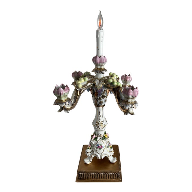 MId-Century Dresden Porcelain Floral Fruit Candelabra Table Lamp For Sale