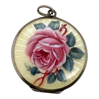 Edwardian Silver Guilloche Enamel Rose Locket Pendant For Sale