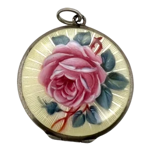 Edwardian Silver Guilloche Enamel Rose Locket Pendant