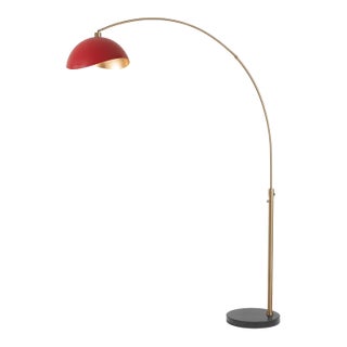 1960s Morelli Adjustable Mid Century Floor Lamp - 92" Modern Arc Lamp, Red and Gold Shade, Dimmable, Living Room Lamp For Sale