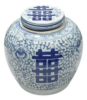 Chinese Vintage Double Happiness Blue and White Porcelain Ginger Jar 9" H