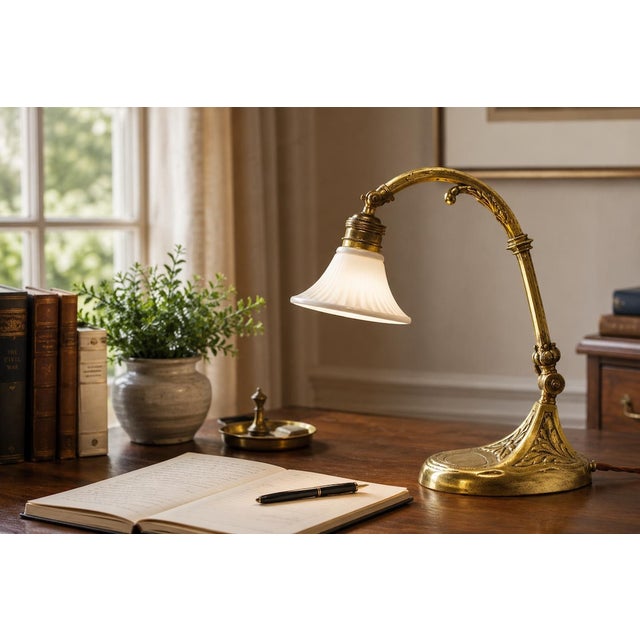 Art Nouveau Brass Desk Lamp with Adjustable Gooseneck, Fluted Glass Shade and Floral Relief Base, Europe, 1920s For Sale - Image 9 of 10