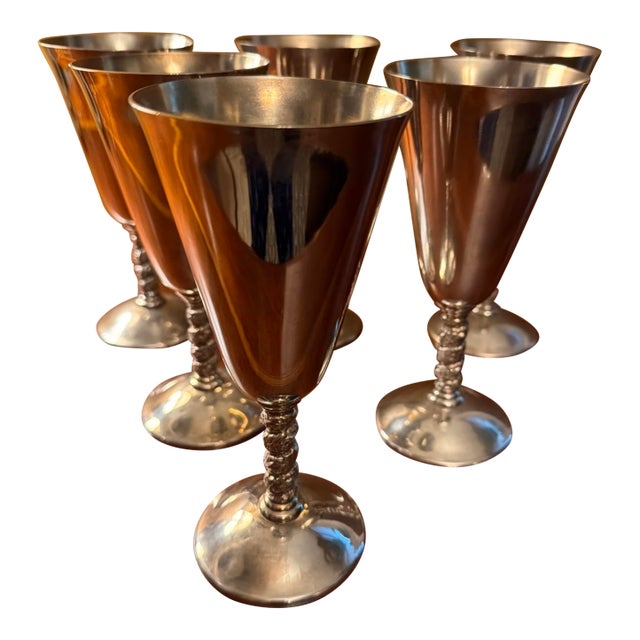 J. Perez Ruiz Silverplated 7" Twisted Stem Goblets Spain 1950's - Set of 6 For Sale
