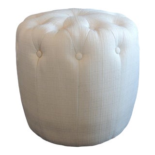 Natural Color Round Tufted Linen Stool With Matching Buttons For Sale