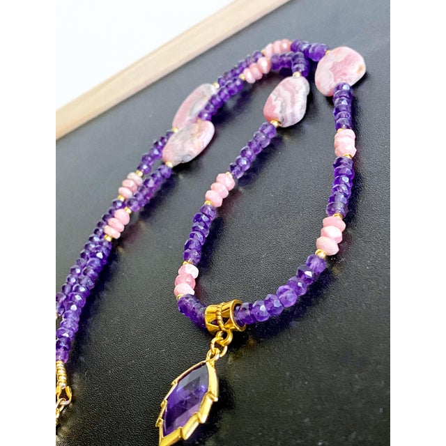 2020s Artisan Amethyst Pendant Necklace With Genuine Argentine Rhodochrosite and Gilded Accents For Sale - Image 5 of 18