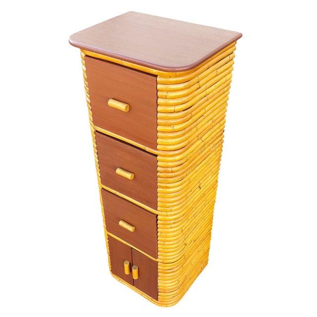Art Deco 1970s Restored Paul Frankl Style Stacked Rattan & Mahogany Cabinet W/ Drawers For Sale - Image 3 of 10