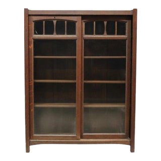 Antique Arts & Crafts Mission Oak Sliding 2 Door Bookcase C1910 For Sale