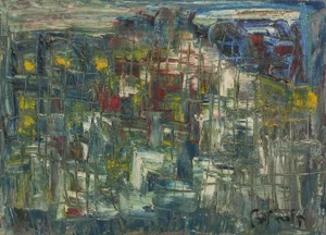 Mid 20th Century Yaakov Loebel Abstract Cityscape Oil Painting