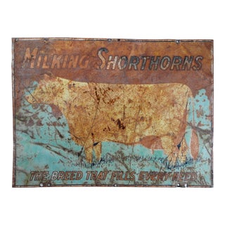 Vintage Distressed Metal Cow Sign Milking Shorthorns For Sale