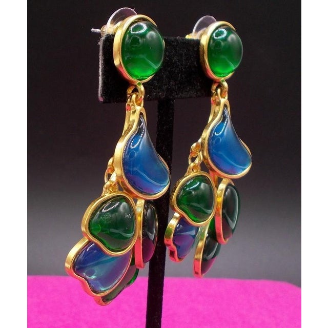 1980s Gripoix Blue and Green Abstract Dangle Earrings For Sale - Image 4 of 5