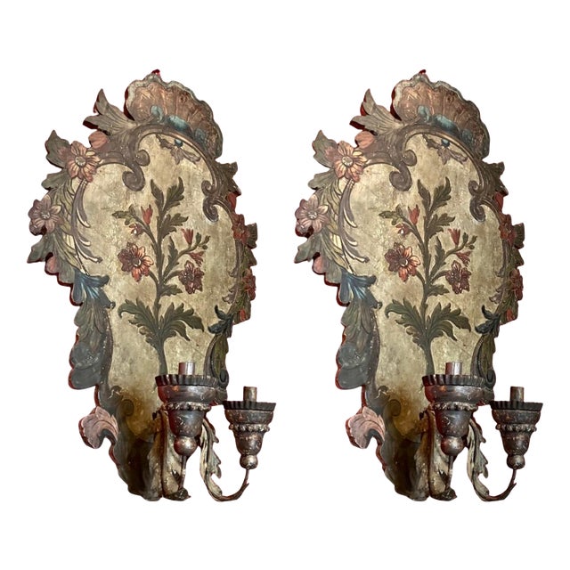 18th Century Venetian Polychrome and Mecca Lacquered Wooden Wall Sconces, Set of 2 For Sale