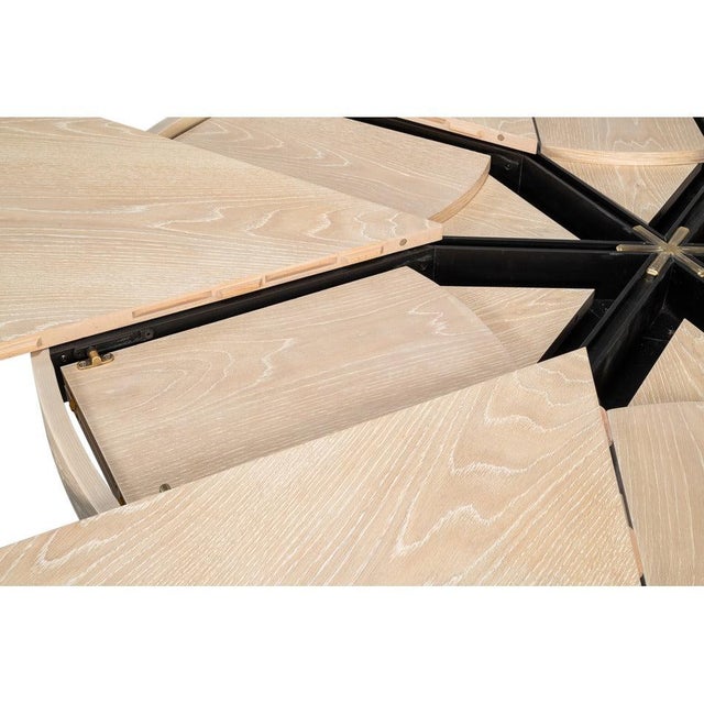 Transitional Round Dining Table, Medium – Bleached Oak With Hammered Iron Accents For Sale - Image 9 of 11