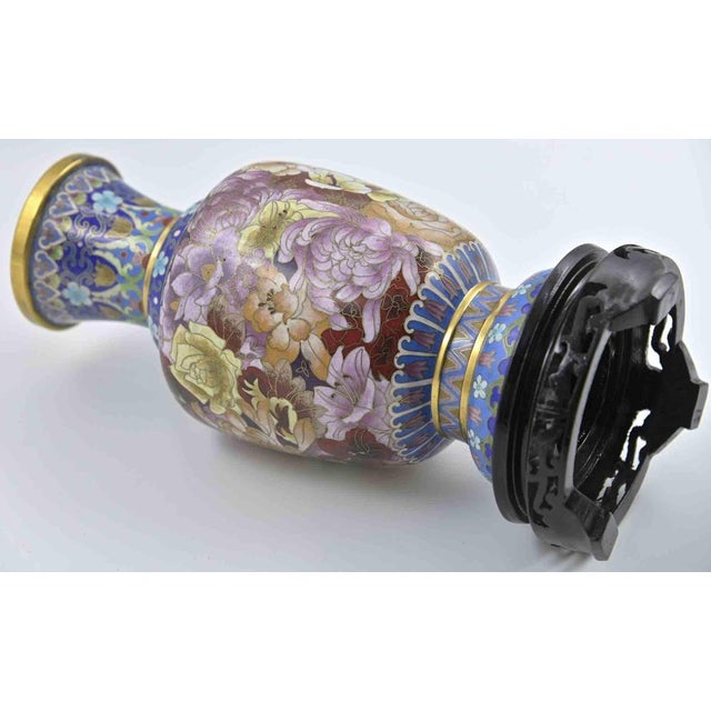 Vintage Chinese Ceramic and Metal Vase on Wooden Base, Early 1900s For Sale - Image 3 of 6