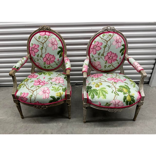 French Pair of Manuel Canovas Antique Louis XVI Large Arm Chairs Fauteuils For Sale - Image 3 of 12