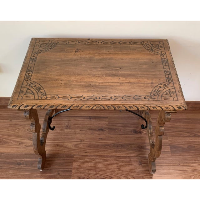 Wood Side Table of Chestnut with Carved Lyre Legs, Spanish, 19th Century For Sale - Image 7 of 18