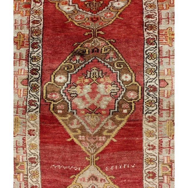 1930s Vintage Turkish Oushak Runner in Red Background With Medallions For Sale - Image 5 of 8