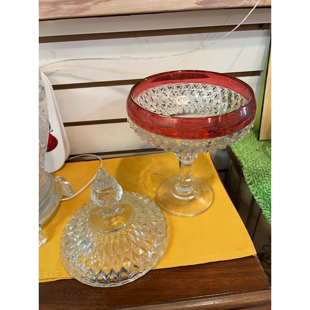 Vintage Indiana Glass Company pedestal compote candy dish featuring a Diamond Point pattern with a Ruby Flash, Raspberry,...