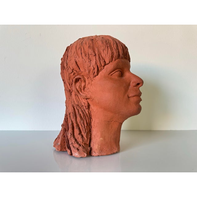 Mid-Century Modern Vintage Terracotta Sculpture Bust of a Young Girl For Sale - Image 3 of 10