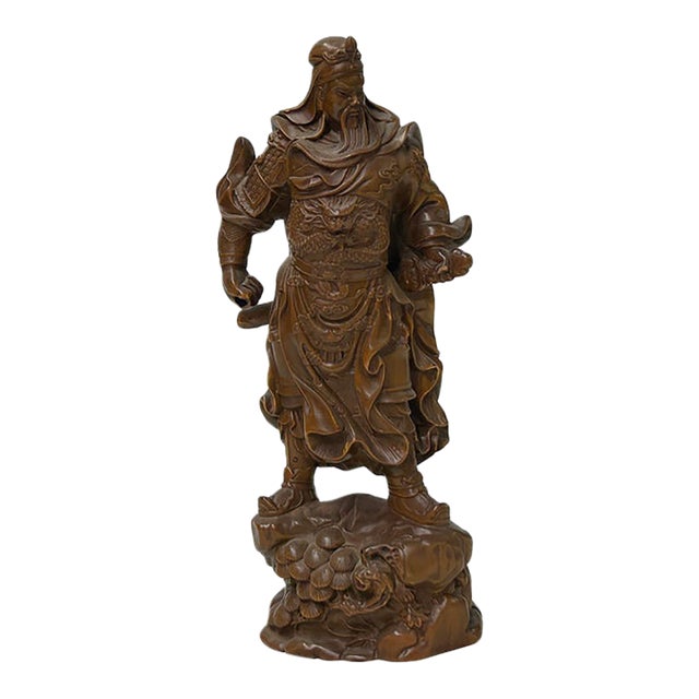Carved Wood General Guan Yu Warrior Dragon Armor Figurine Sculpture For Sale