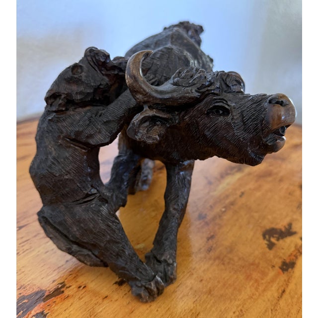 Large Hand Carved African Ironwood Sculpture Lions Attacking Cape Buffalo For Sale - Image 4 of 10