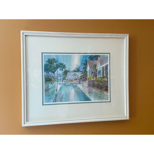 Coastal Irma Quigley Original Watercolor Key West Rainy Street Signed Framed Matted For Sale - Image 3 of 11