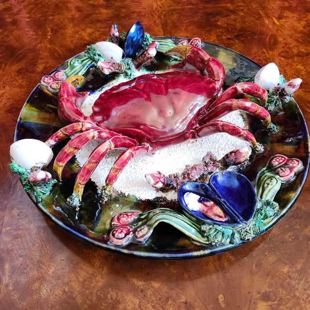 Final Clearance 2025 Salted Baked Crab Crustacean Holiday Platter Majolica Trompe l'Oeil of Mid 20th Century For Sale - Image 10 of 11