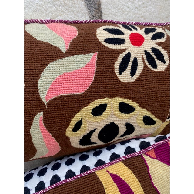 Pair of Handmade Lumbar Throw Pillows From Vintage Needlepoint Tapestry Whimsical Butterflies Flowers For Sale In New York - Image 6 of 9