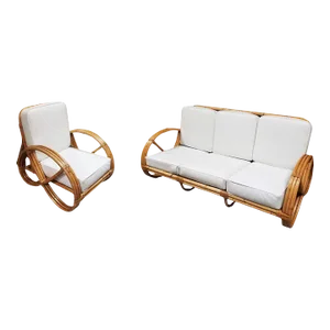 Restored Rattan Three-Strand Full Pretzel Lounge Chair and Three-Seat Sofa Set
