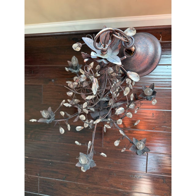 Late 20th Century Late 20th Century Tuscan Wrought Iron Branch Chandelier With Crystal Leaves & Teardrops For Sale - Image 5 of 6