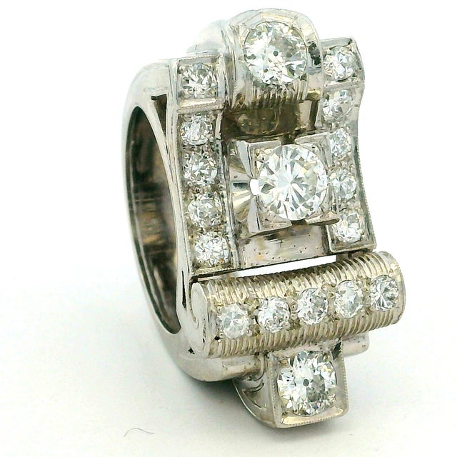 Vintage Platinum Diamond Cocktail Ring, 3 Carats Total, 1940s, Size 6.5 For Sale - Image 14 of 17