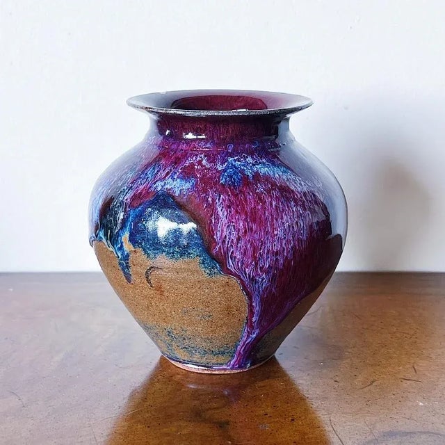 Vintage California Studio Pottery Vase in Purple Drip Glaze Over Burn Sienna For Sale In Los Angeles - Image 6 of 6