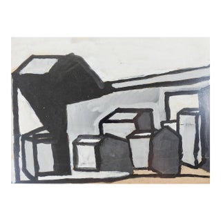 Vintage Mid Century Abstract Black Gray Tan Geometric Painting For Sale