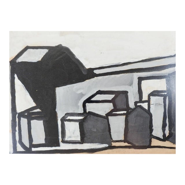 Vintage Mid Century Abstract Black Gray Tan Geometric Painting For Sale