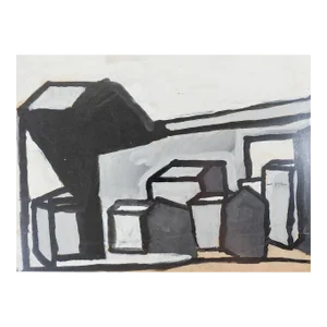 Vintage Mid Century Abstract Black Gray Tan Geometric Painting