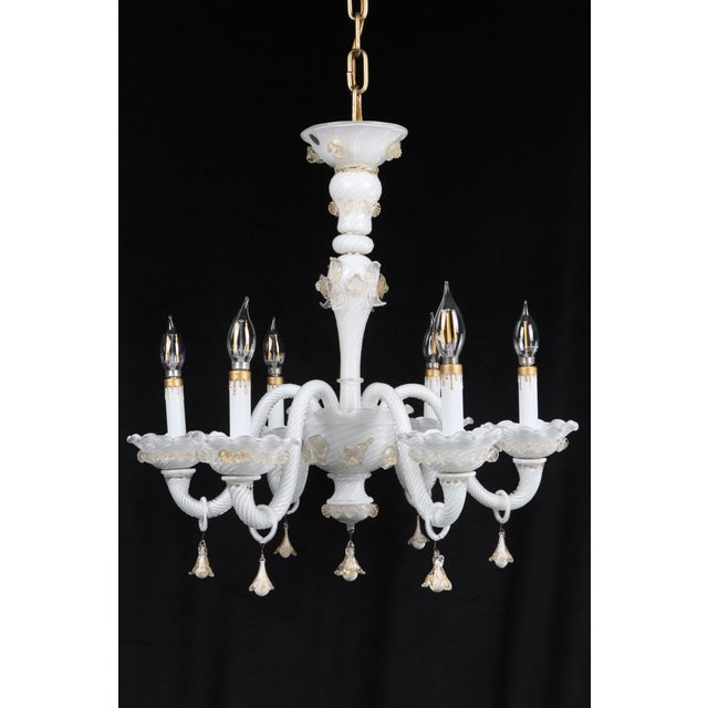 Traditional Vintage White Glass Gold 6 S Arm Chandelier For Sale - Image 3 of 16