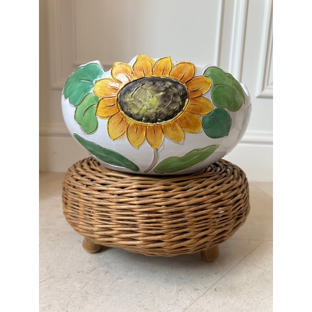Ceramic Vintage 12” Italian Sunflower Insized, Glazed Handpainted Terracotta Bowl For Sale - Image 7 of 18