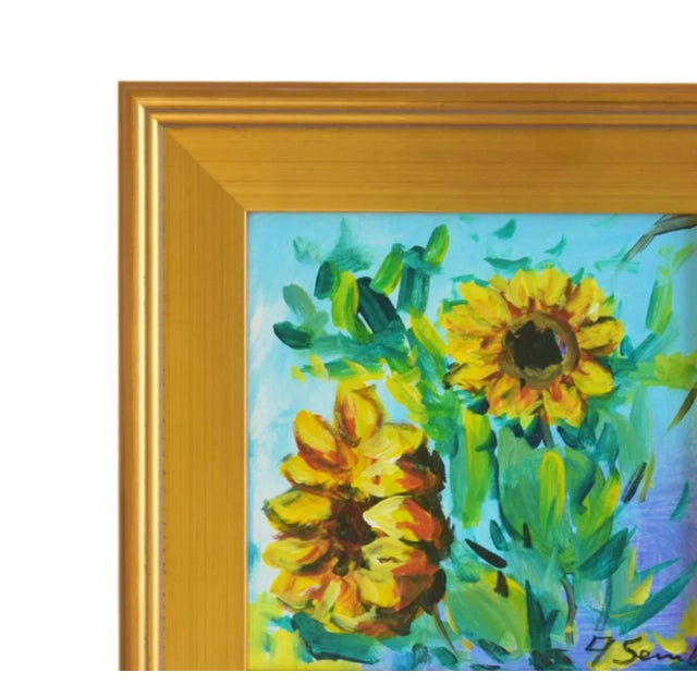 Impressionist Yellow Sunflowers Floral Oil Painting Including the Antiqued Gold Wood Frame For Sale - Image 4 of 10