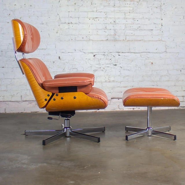 MCM Style Mid to Late 20th Century Plycraft Lounge Chair & Ottoman in Saddle Color Italian Leather For Sale - Image 10 of 18