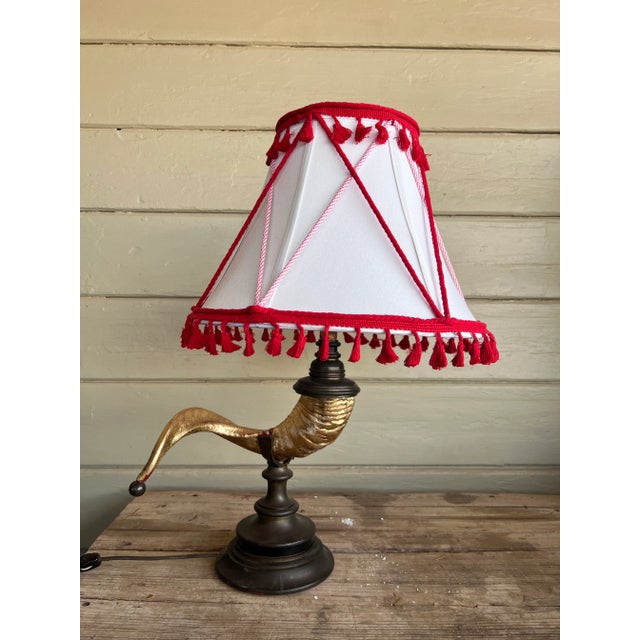 Metal Mid 20th Century Safari Bohemian Safari Table Lamp With Custom Shade & Faux Gilded Buffalo Horn For Sale - Image 7 of 12